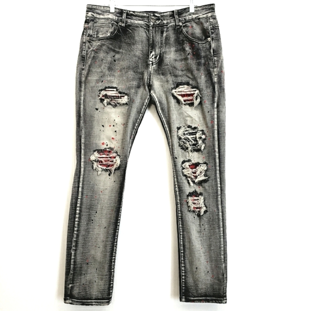DenimiCity Nwot Gray Stone washed Paint Splattered Distressed w/red stones Jeans